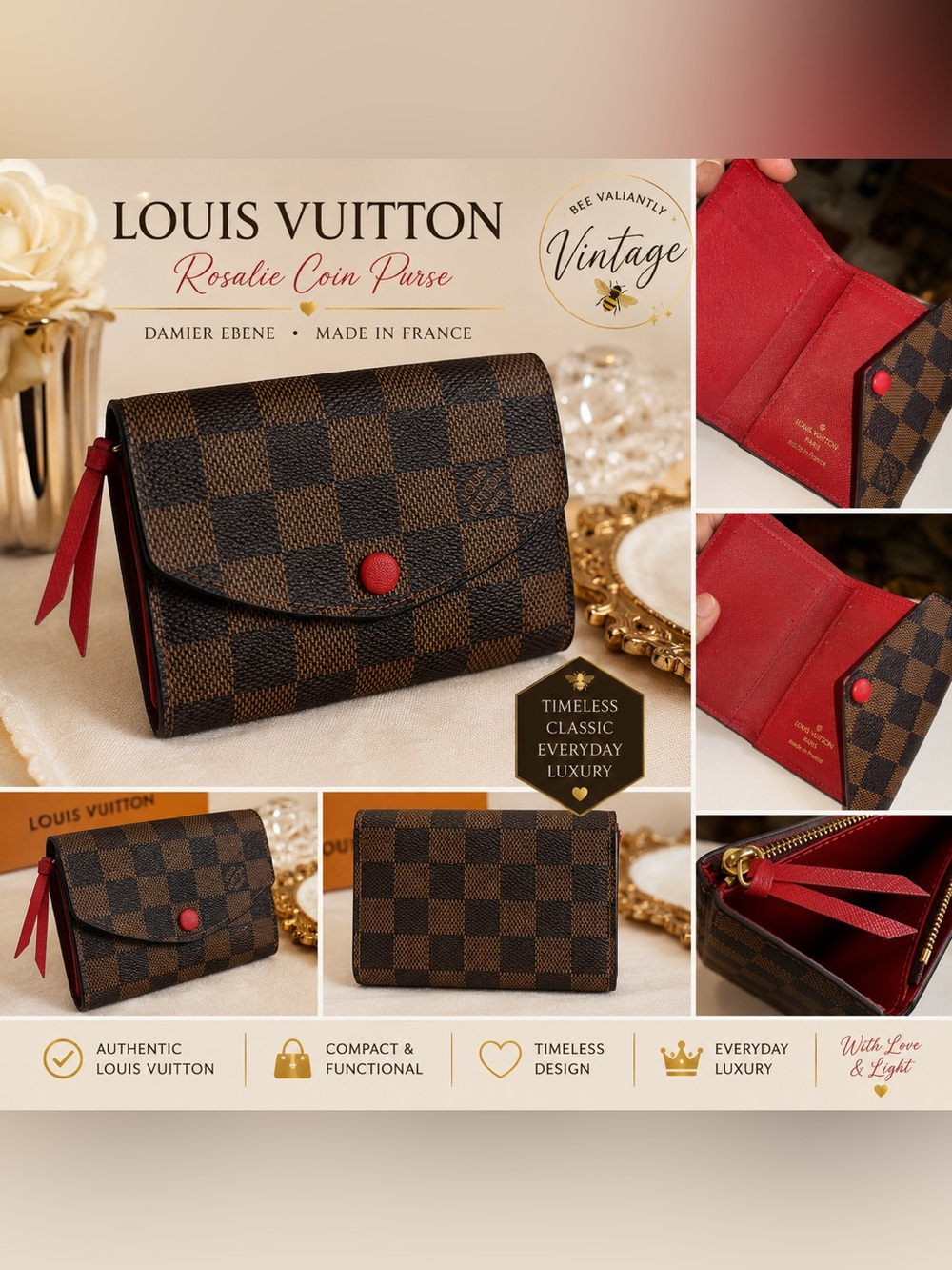 Louis Vuitton Rosalie Coin Purse Damier Ebene Red Wallet Made in France